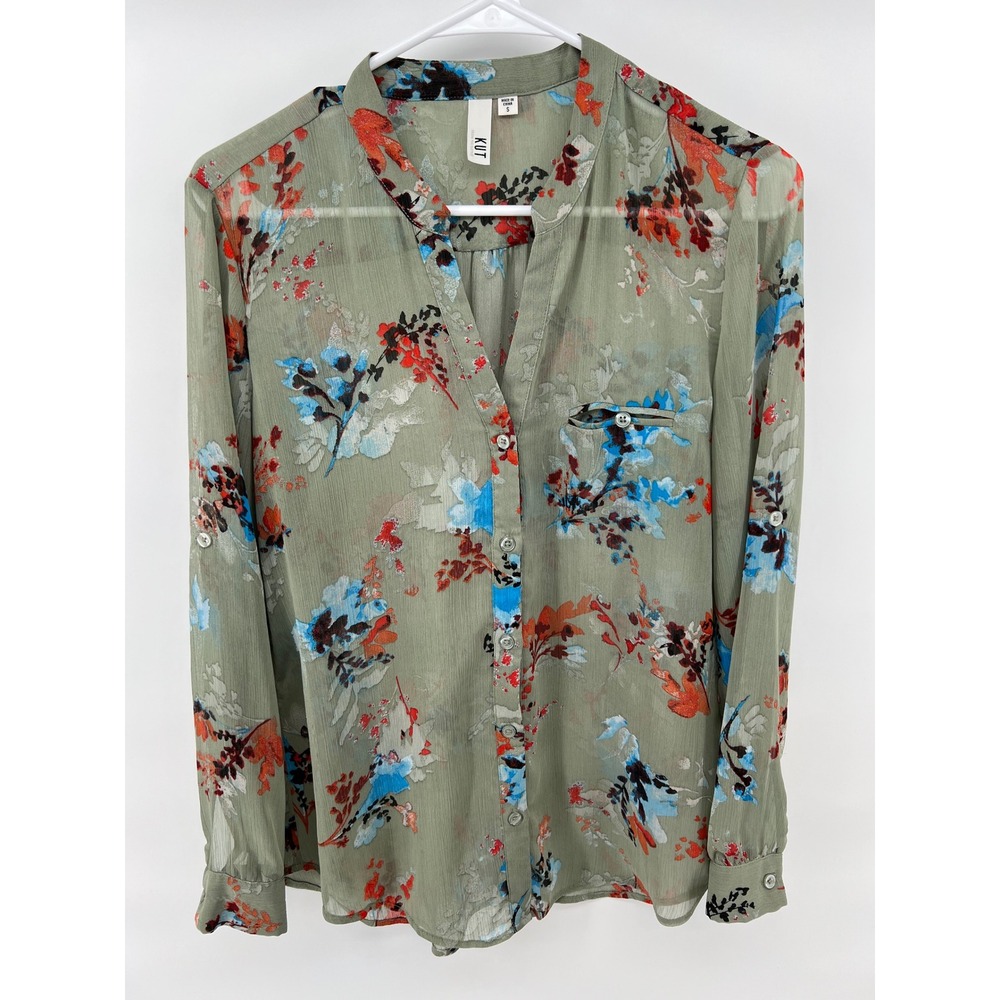 KUT from the Kloth Women S Sheer Floral Blouse Sage Green Romantic Airy Boho Top